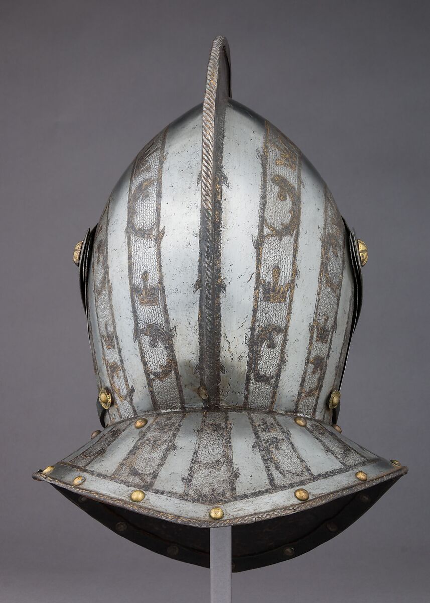 Close Helmet, Steel, gold, leather, copper alloy, French