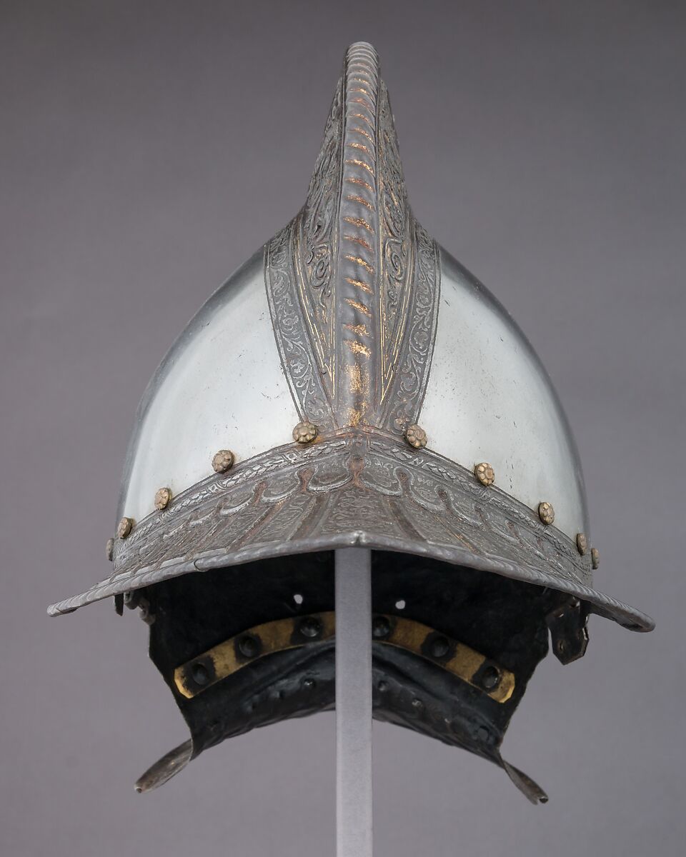 Burgonet, Steel, gold, leather, brass, French