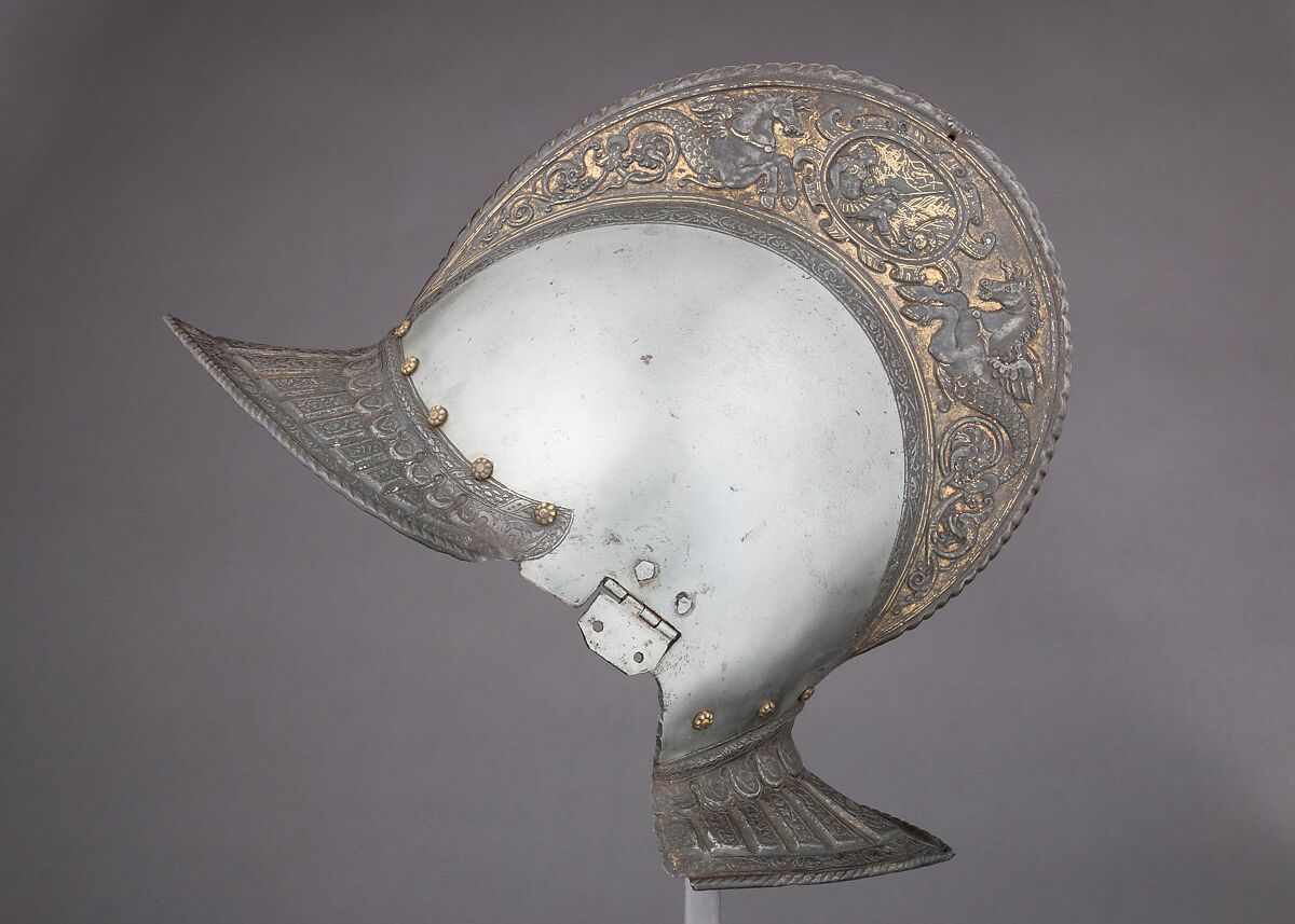 Burgonet, Steel, gold, leather, brass, French