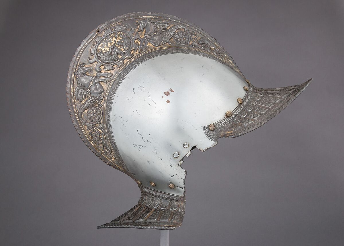 Burgonet, Steel, gold, leather, brass, French