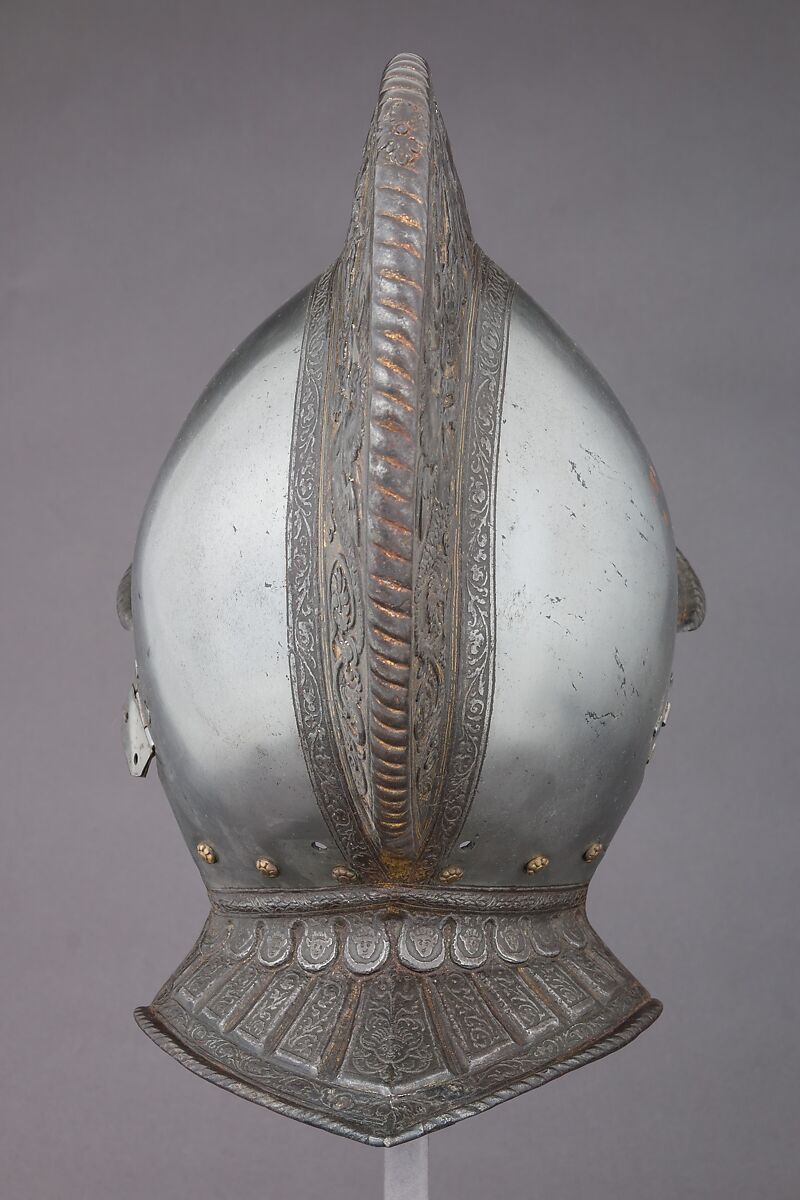 Burgonet, Steel, gold, leather, brass, French