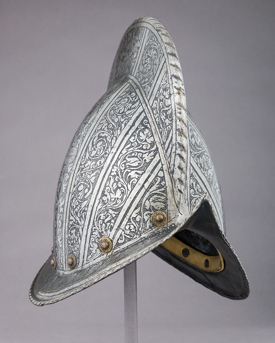 Morion, Steel, brass, leather, Italian 