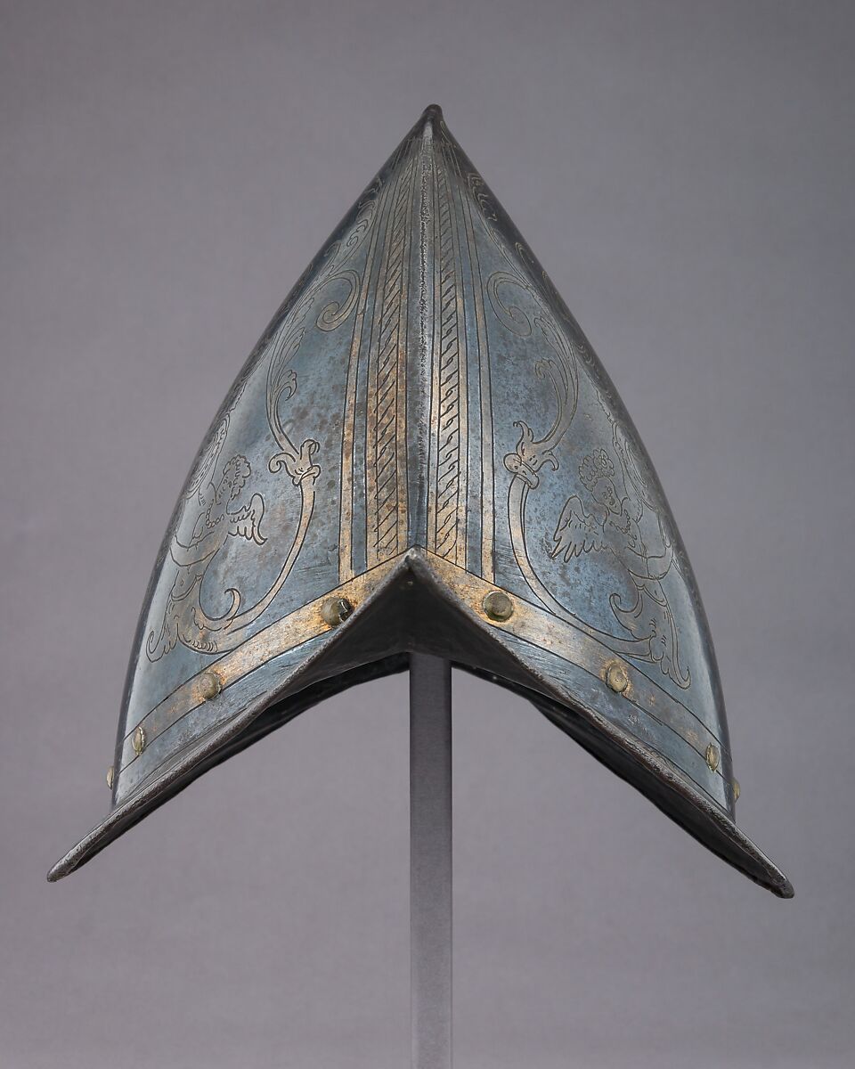Morion-Cabasset, Steel, gold, brass, Italian