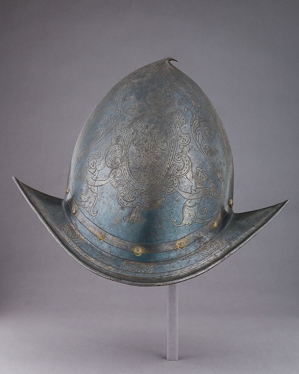 Morion-Cabasset, Steel, gold, brass, Italian