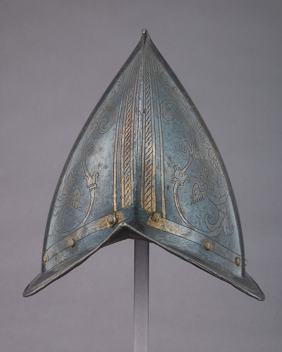 Morion-Cabasset, Steel, gold, brass, Italian