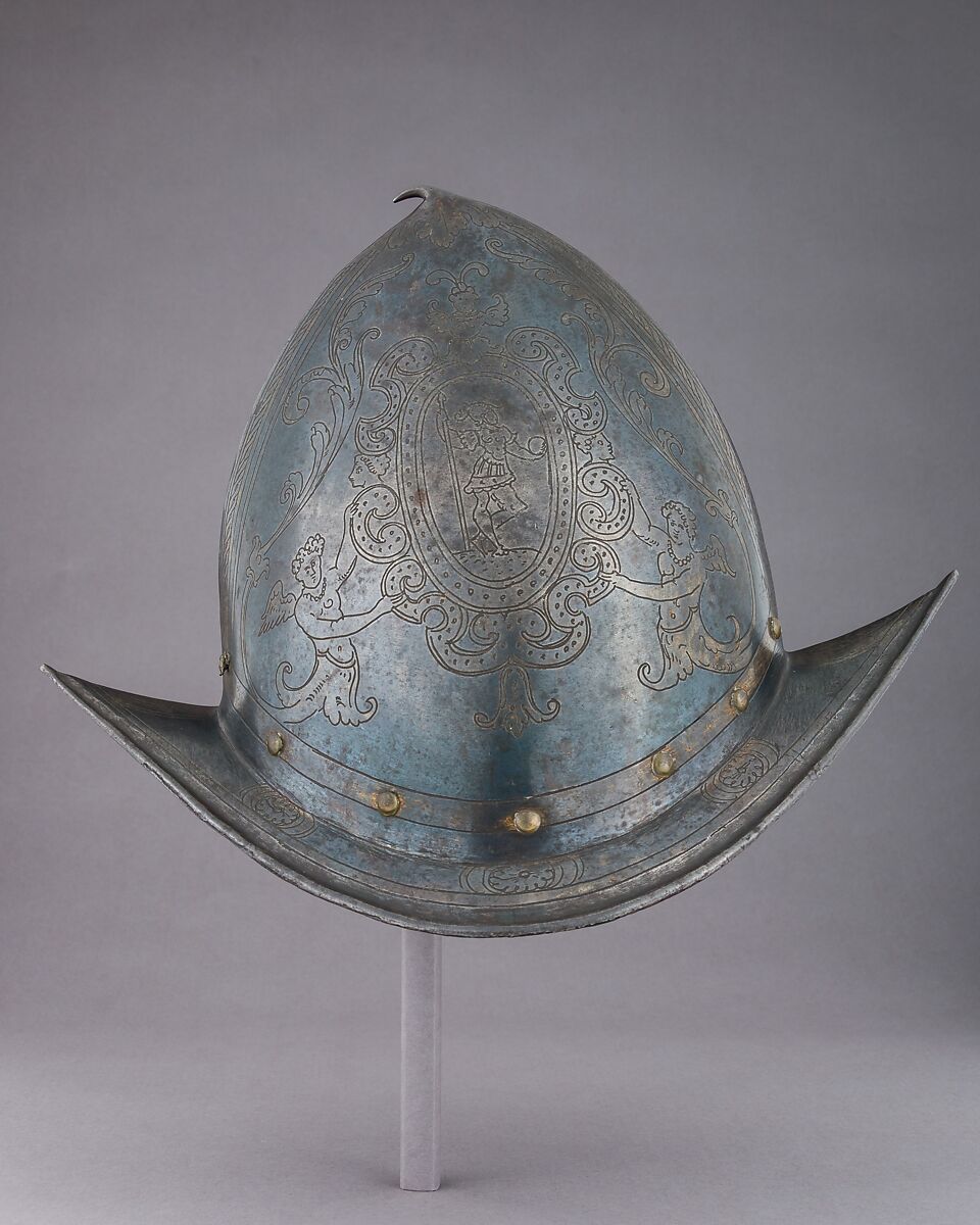 Morion-Cabasset, Steel, gold, brass, Italian