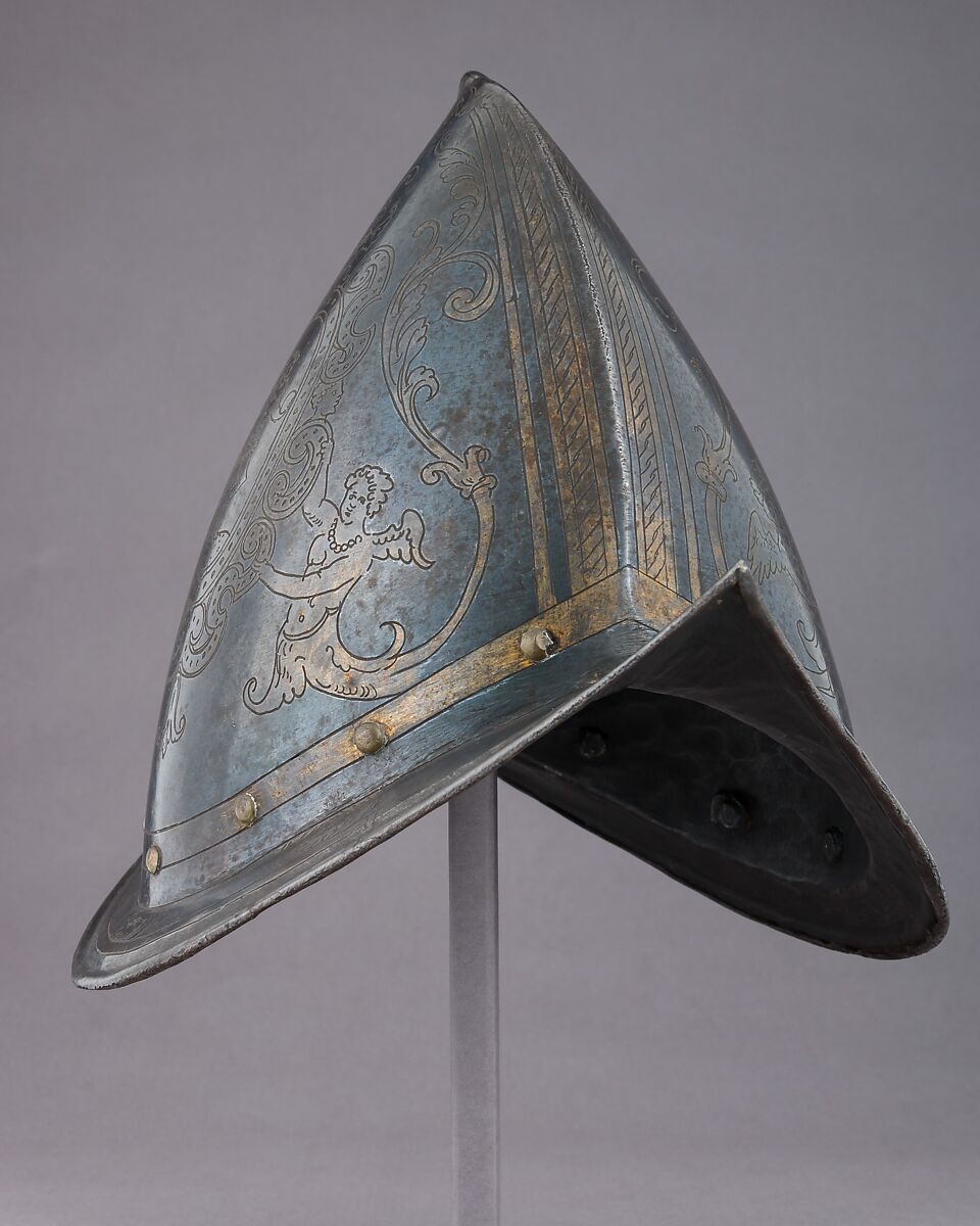 Morion-Cabasset, Steel, gold, brass, Italian 