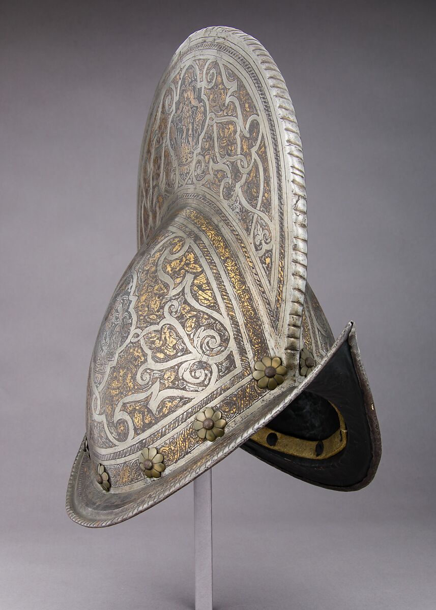 Morion, Steel, gold, brass, leather, Italian 