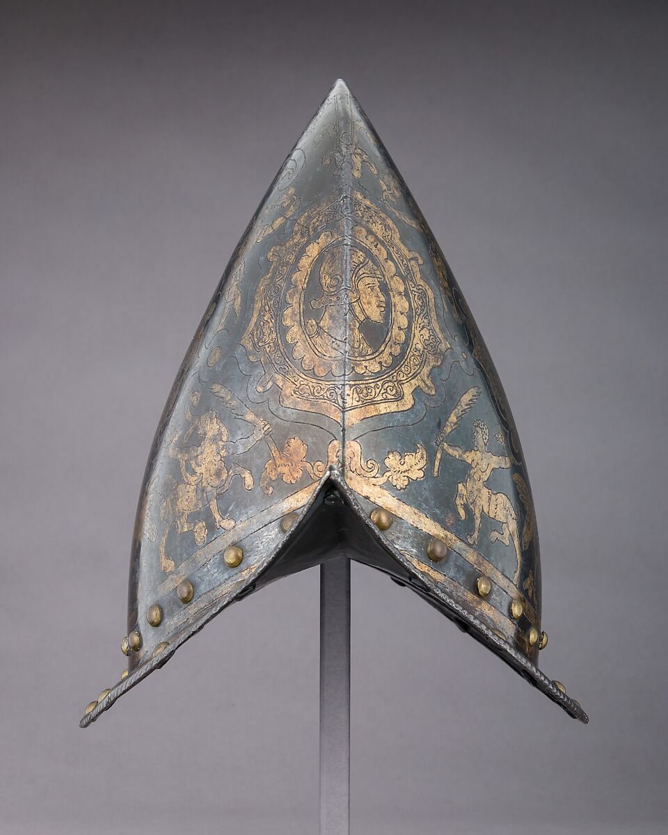 Morion-Cabasset, Steel, gold, brass, Italian