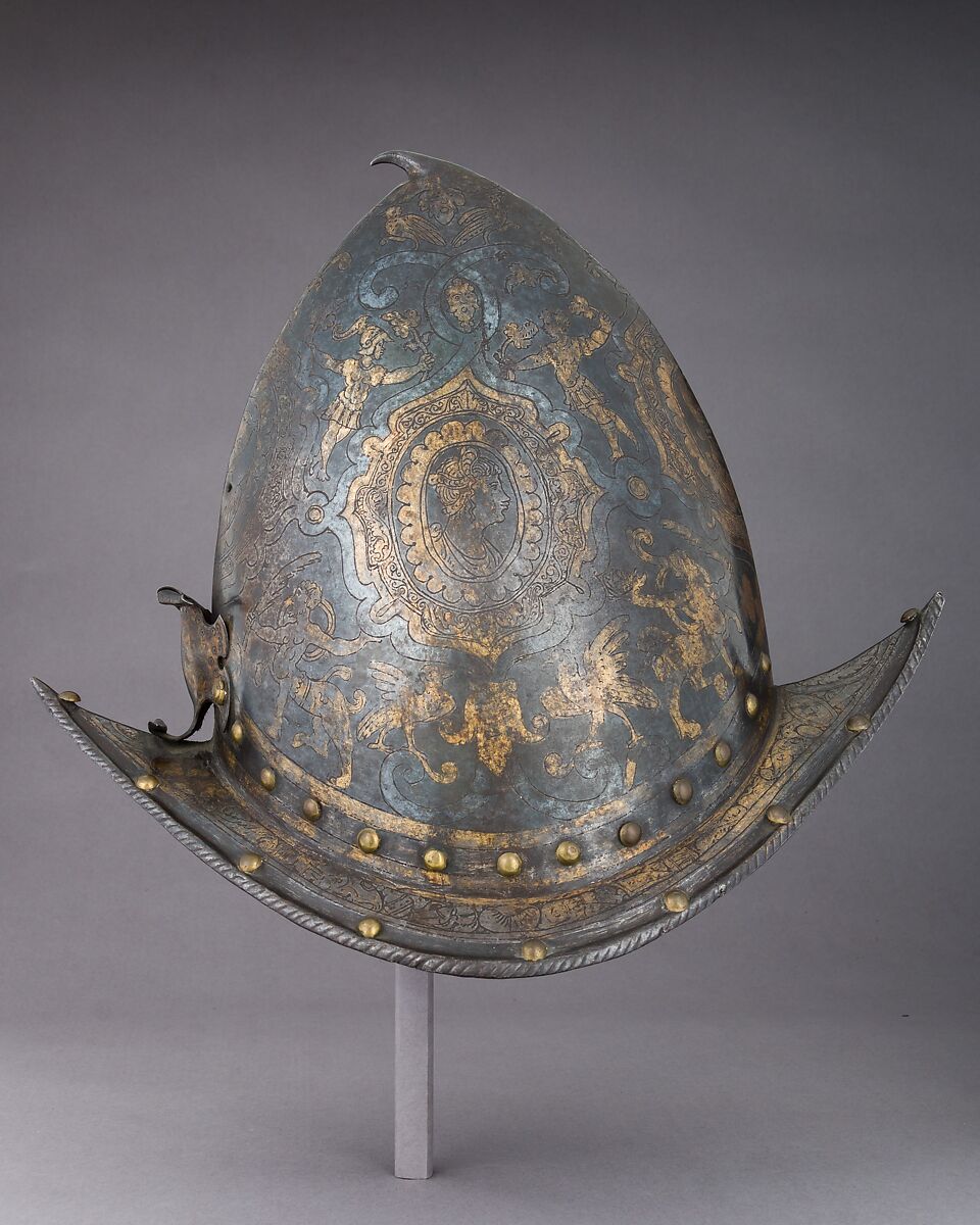 Morion-Cabasset, Steel, gold, brass, Italian