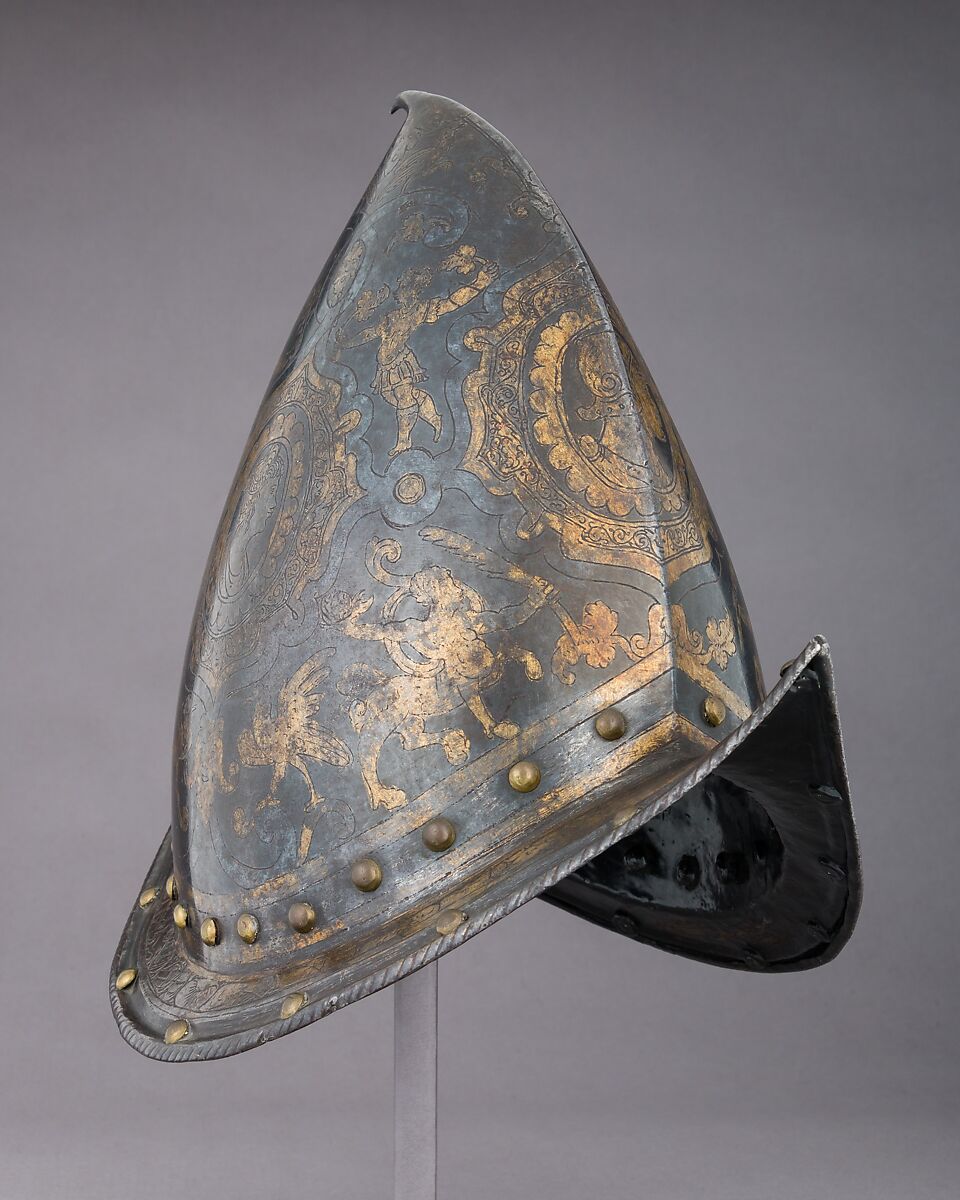 Morion-Cabasset Helmet, 1580–1590 Italian etched steel, bra…