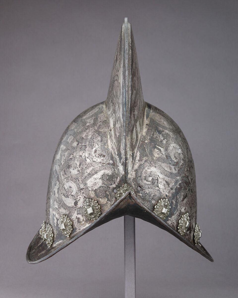 Morion, Steel, silver, pigment, gold, brass, German, Nuremberg