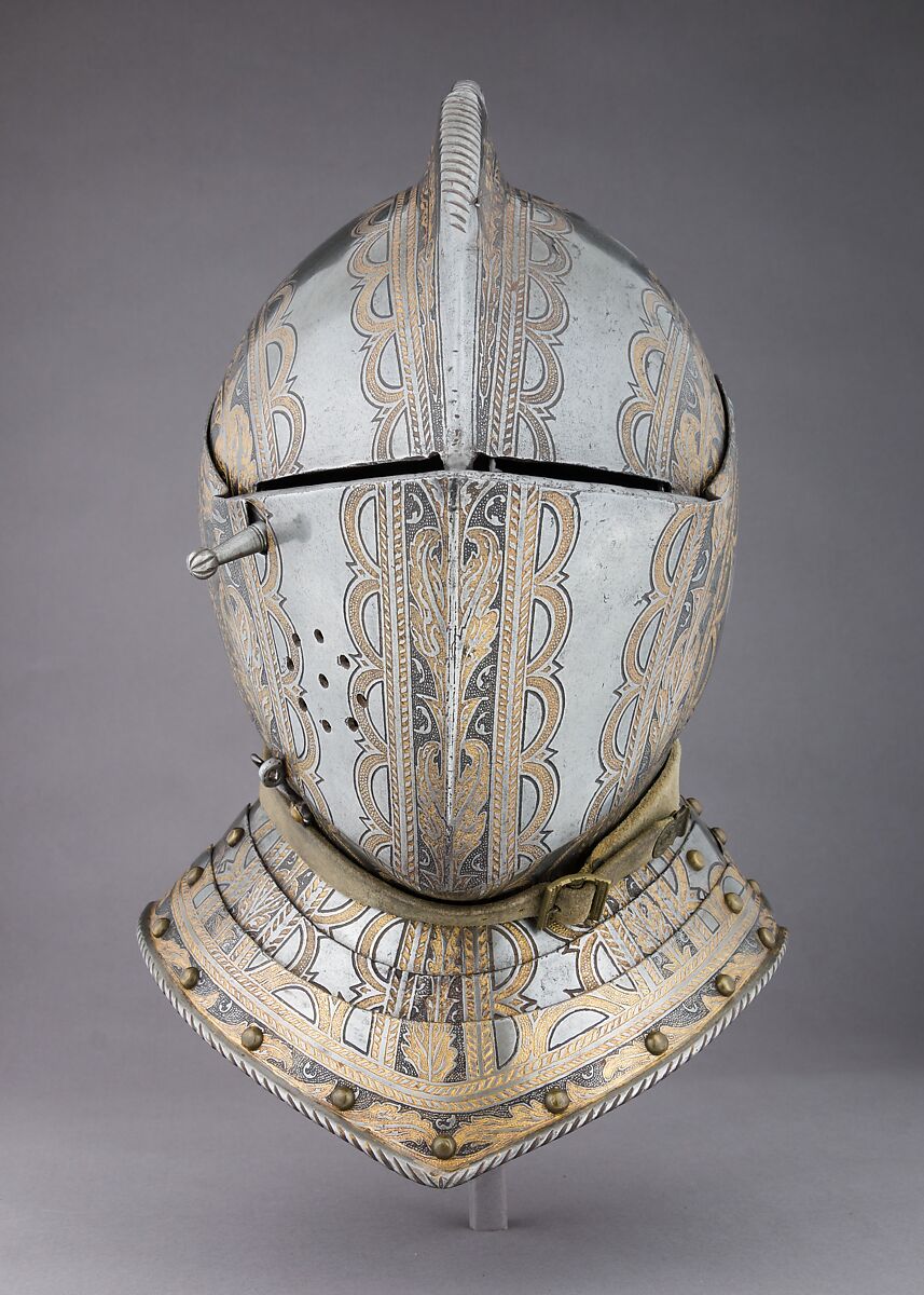 Close-Helmet, Steel, gold, leather, copper alloy, Italian