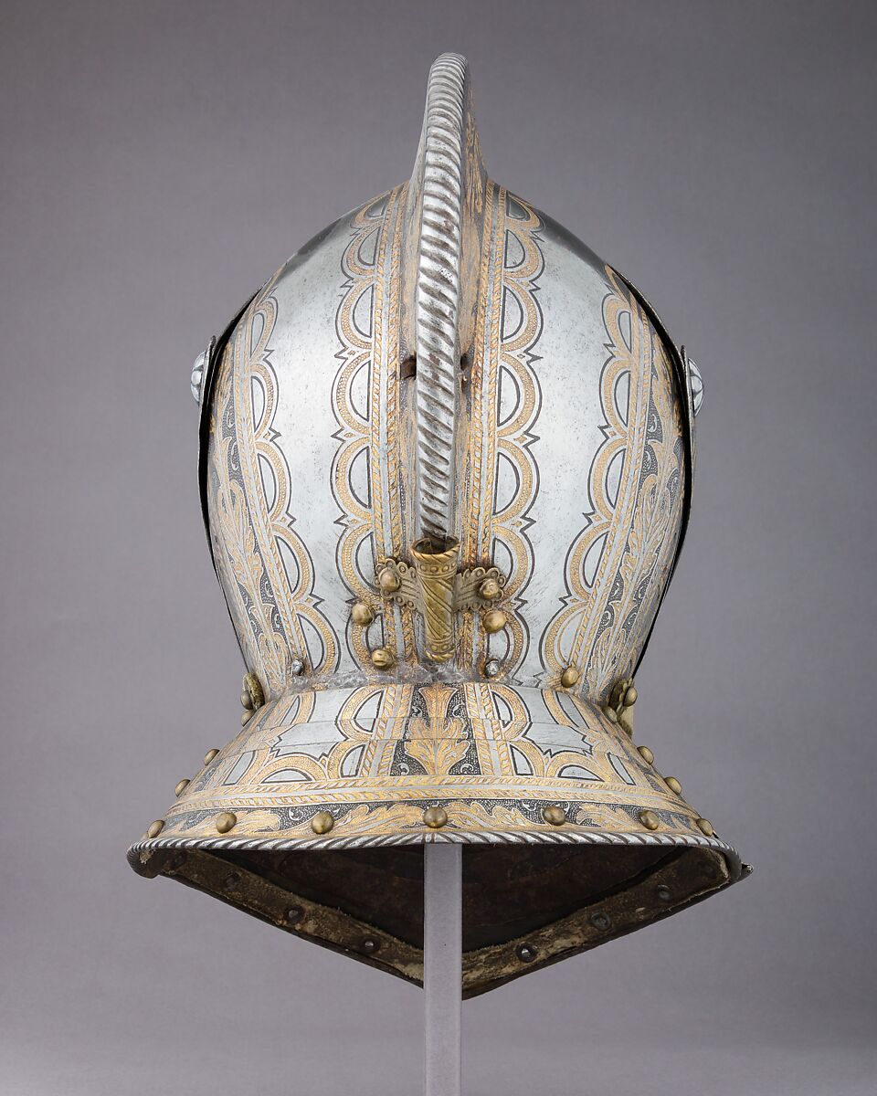 Close-Helmet, Steel, gold, leather, copper alloy, Italian