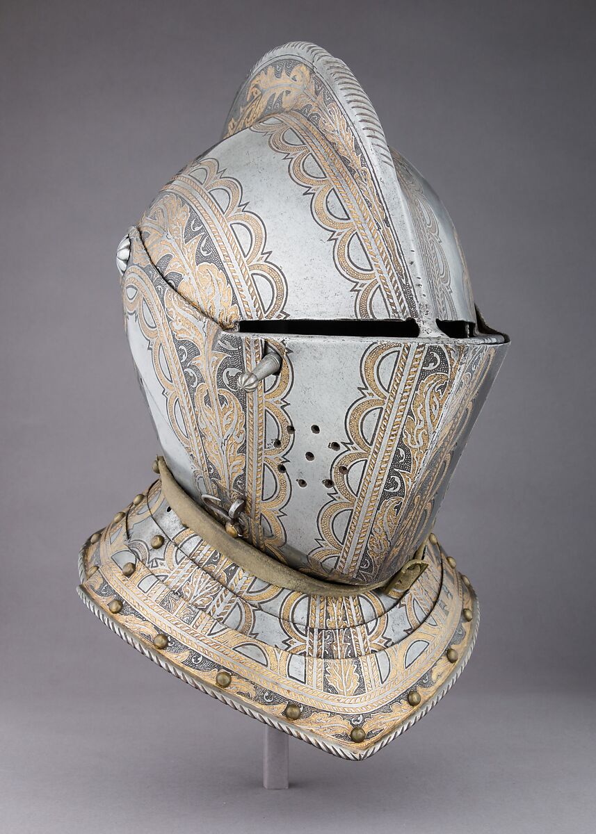 Close-Helmet, Steel, gold, leather, copper alloy, Italian