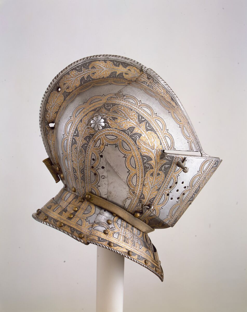 Close-Helmet, Steel, gold, leather, copper alloy, Italian