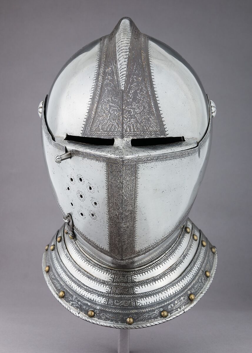 Close Helmet, Steel, leather, brass, gold, Italian