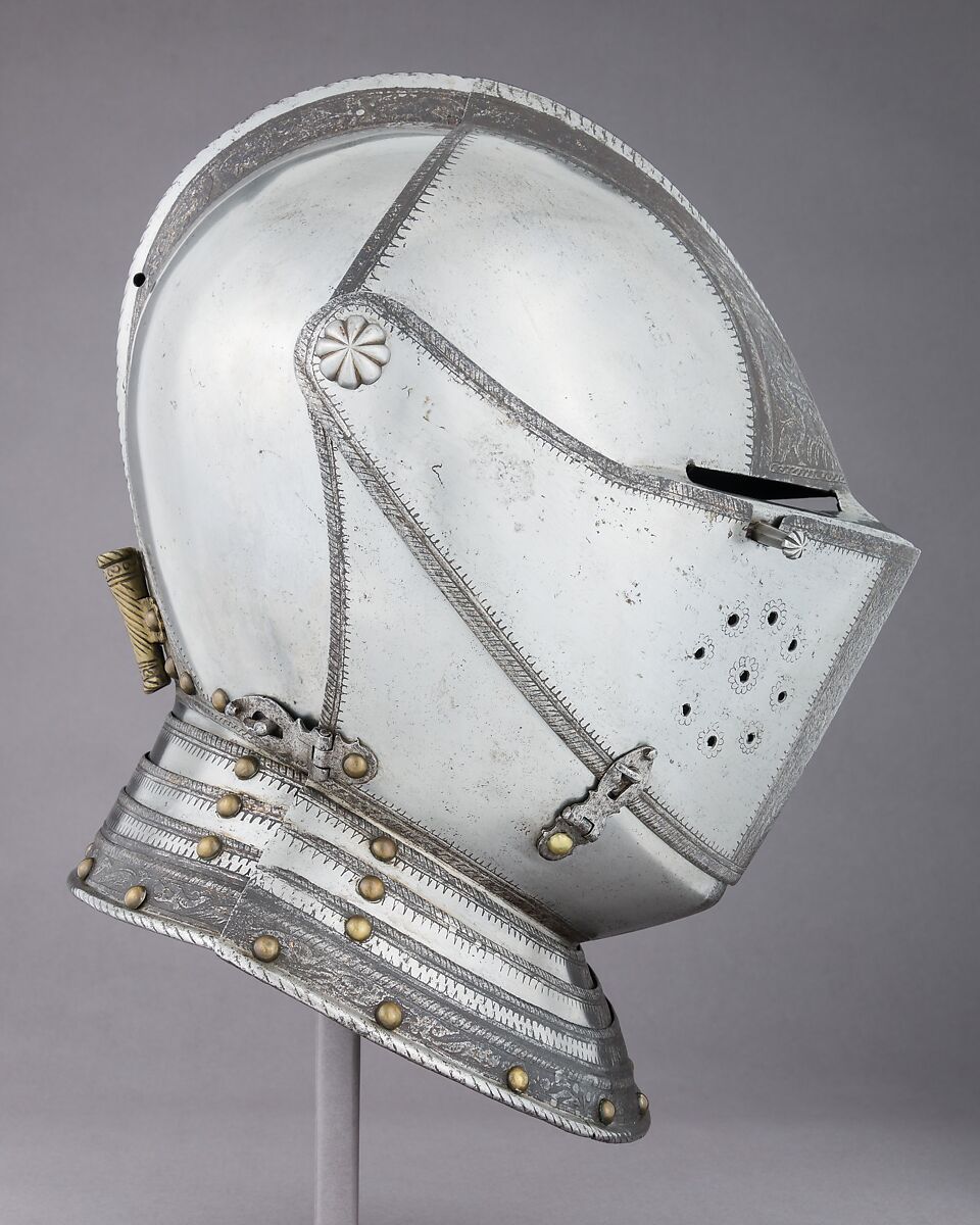Close Helmet, Steel, leather, brass, gold, Italian