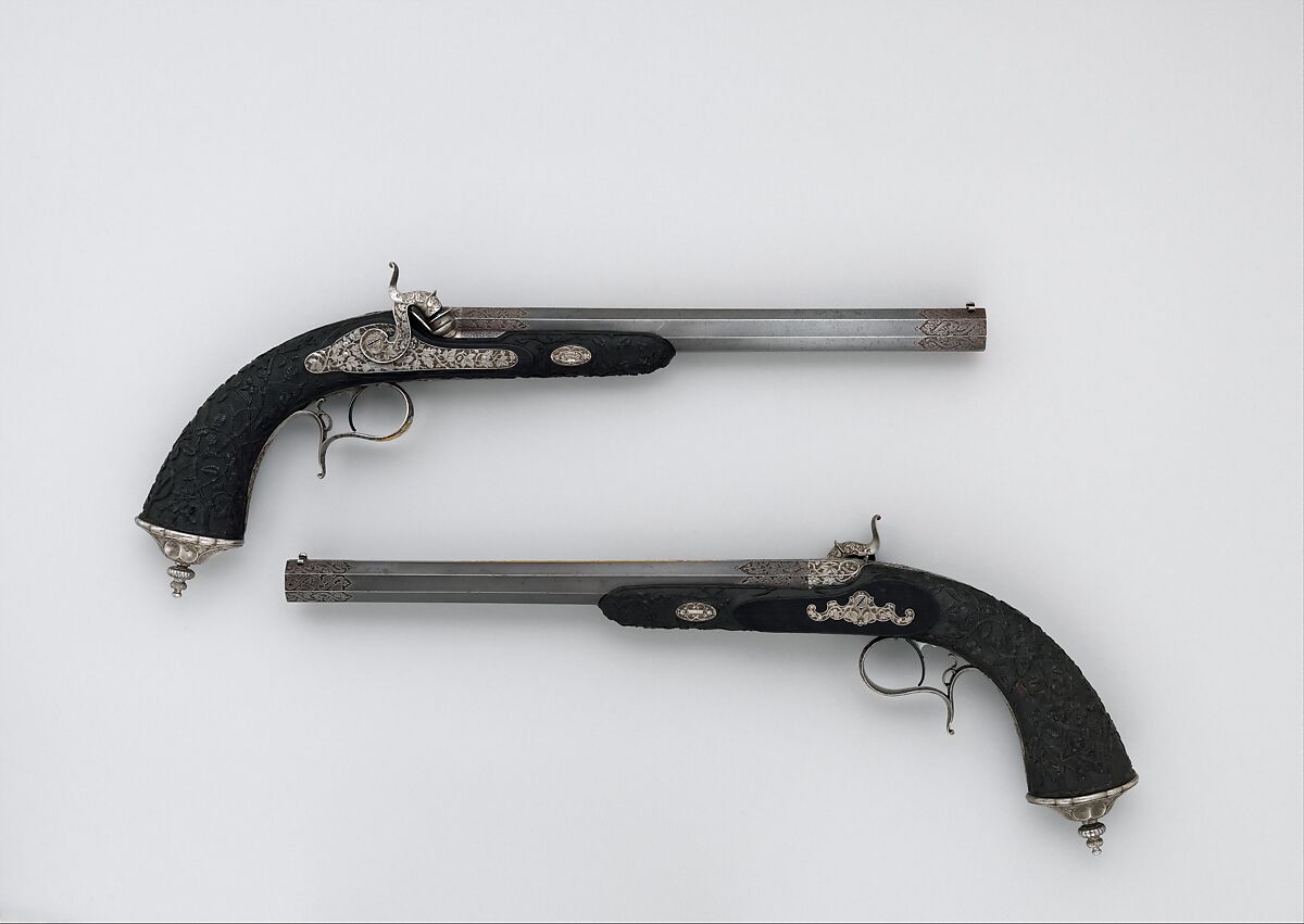 Cased Pair of Percussion Pistols with Accessories, Louis-Julien Gastinne-Renette (French, Paris 1812–1885 Paris), Steel, brass, gold, wood (ebony), textile (baizé, wool), copper, leather, French, Paris 