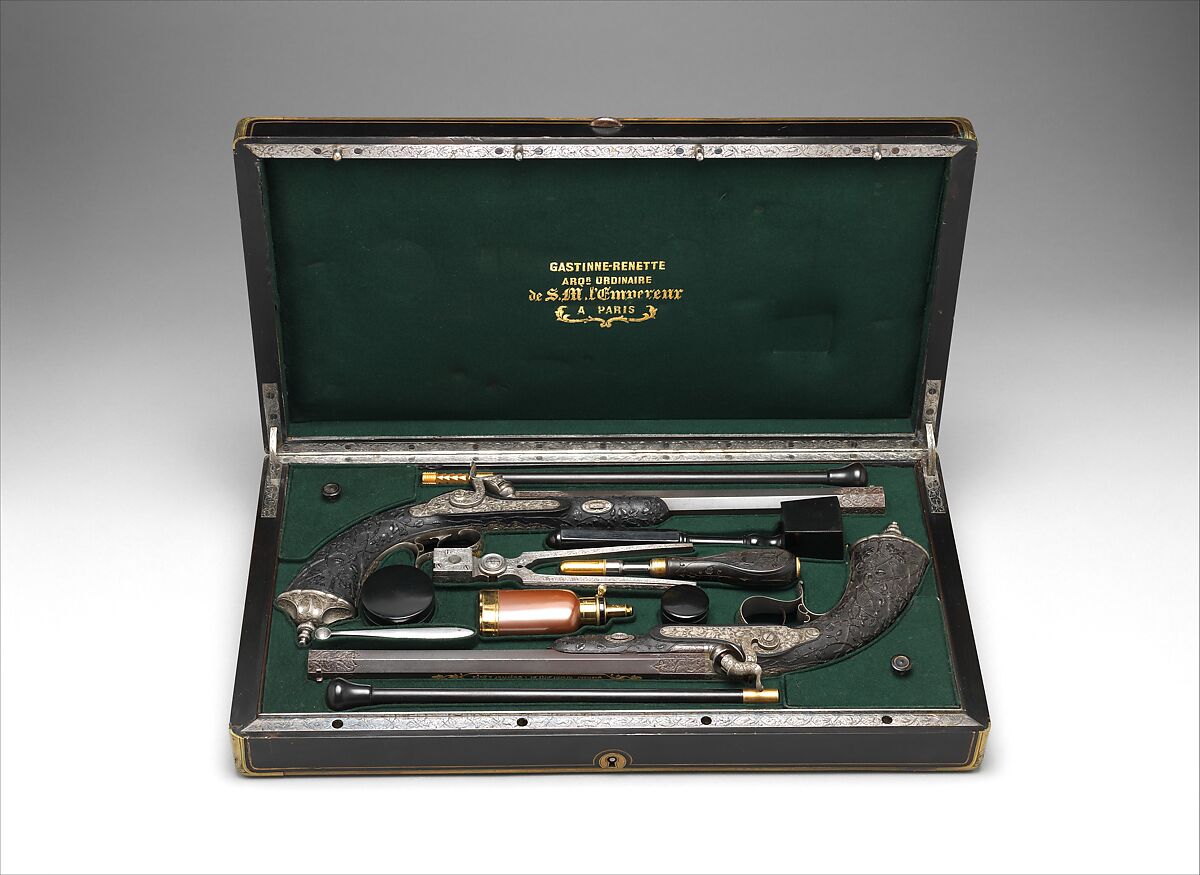 Cased Pair of Percussion Pistols with Accessories, Louis-Julien Gastinne-Renette (French, Paris 1812–1885 Paris), Steel, brass, gold, wood (ebony), textile (baizé, wool), copper, leather, French, Paris