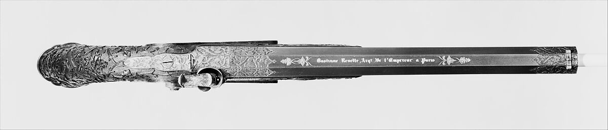 Cased Pair of Percussion Pistols with Accessories, Louis-Julien Gastinne-Renette (French, Paris 1812–1885 Paris), Steel, brass, gold, wood (ebony), textile (baizé, wool), copper, leather, French, Paris