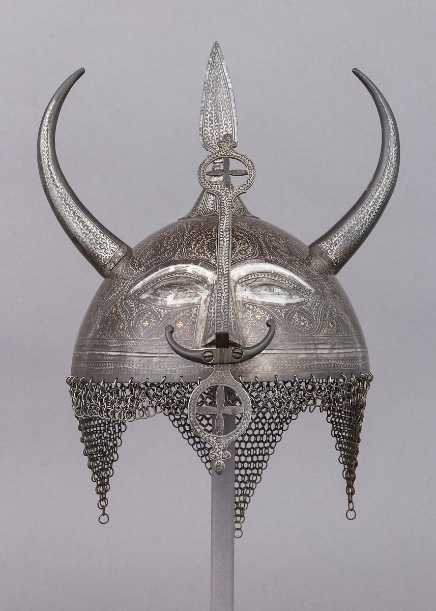 Helmet (Khula Khud) with Horns, Steel, silver, gold, Indian