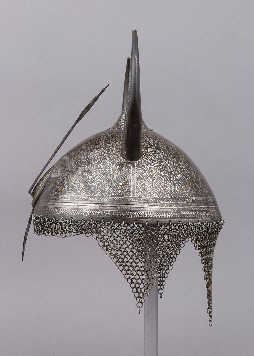 Helmet (Khula Khud) with Horns, Steel, silver, gold, Indian