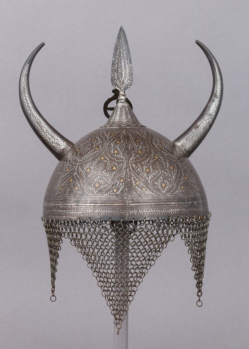 Helmet (Khula Khud) with Horns, Steel, silver, gold, Indian
