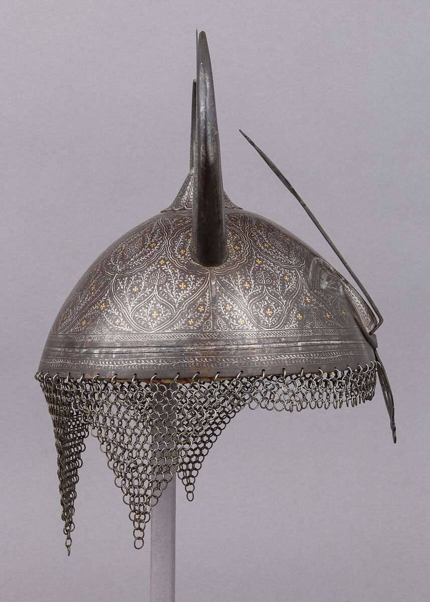 Helmet (Khula Khud) with Horns, Steel, silver, gold, Indian