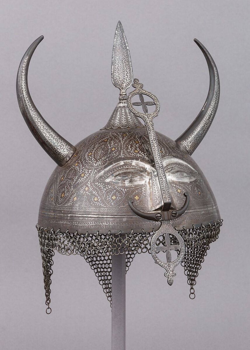 Helmet (Khula Khud) with Horns, Steel, silver, gold, Indian 