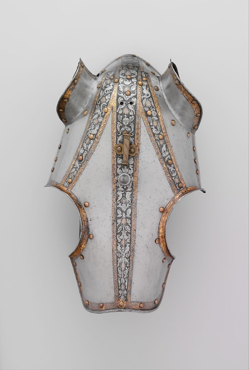 Half-Shaffron (Horse's Head Defense), Steel, gold, brass, leather, linen (woven textile and fiber), Italian, probably Milan 