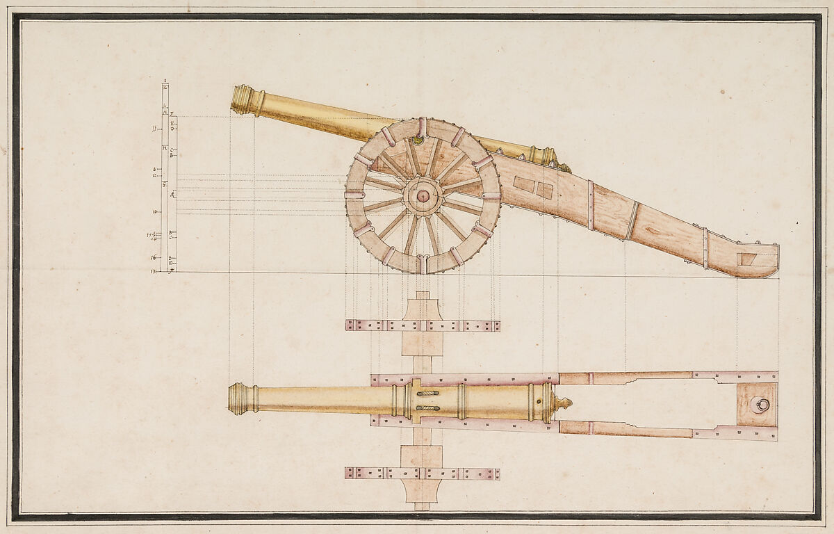 Construction Drawing of a Cannon, Pen and ink, wash and color on paper, Western European 