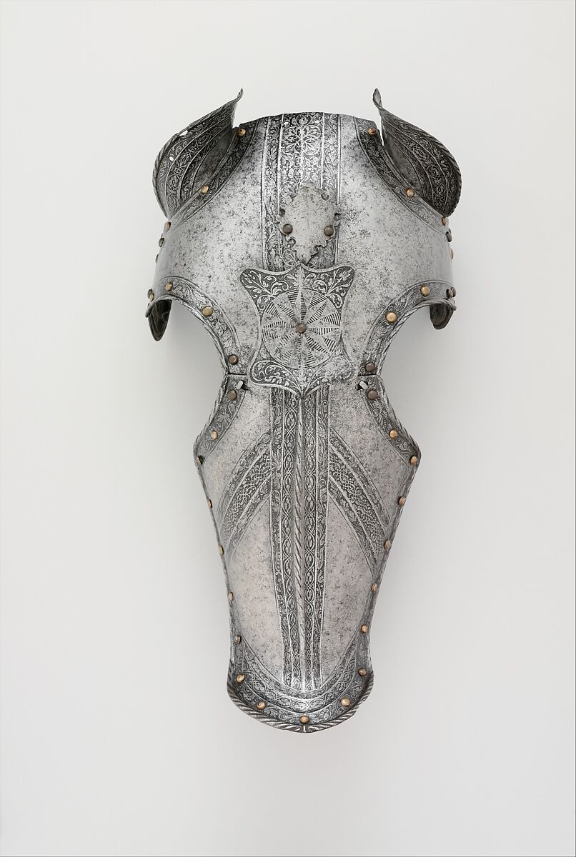 Shaffron (Horse's Head Defense), Steel, brass, leather, German, Augsburg 