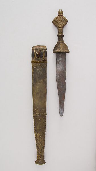 Dagger with Sheath, Copper alloy, iron, West African, Cameroon, possibly Adamawa, Nigeria 