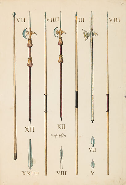 Copies After the "Inventario Illuminado", the Pictorial Inventory of Arms and Armor of Emperor Charles V., Pencil, black ink, watercolor, paper, possibly British