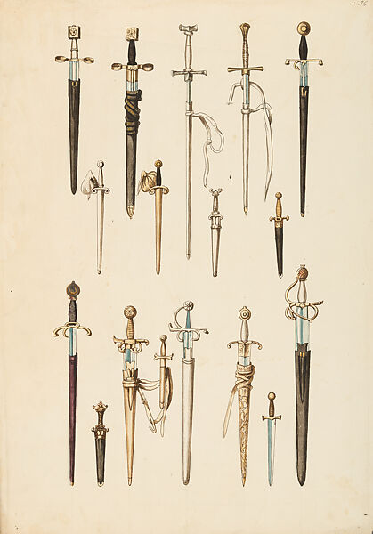 Copies After the "Inventario Illuminado", the Pictorial Inventory of Arms and Armor of Emperor Charles V., Pencil, black ink, watercolor, paper, possibly British