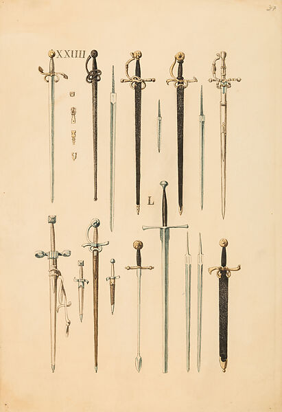 Copies After the "Inventario Illuminado", the Pictorial Inventory of Arms and Armor of Emperor Charles V., Pencil, black ink, watercolor, paper, possibly British