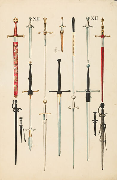 Copies After the "Inventario Illuminado", the Pictorial Inventory of Arms and Armor of Emperor Charles V., Pencil, black ink, watercolor, paper, possibly British