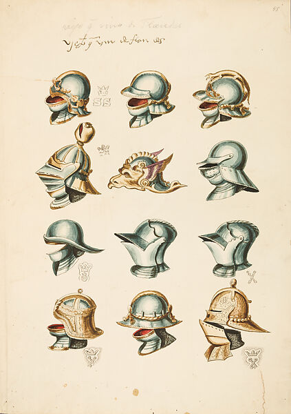 Copies After the "Inventario Illuminado", the Pictorial Inventory of Arms and Armor of Emperor Charles V., Pencil, black ink, watercolor, paper, possibly British