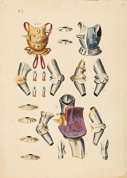 Copies After the "Inventario Illuminado", the Pictorial Inventory of Arms and Armor of Emperor Charles V., Pencil, black ink, watercolor, paper, possibly British
