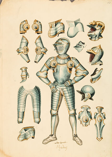 Copies After the "Inventario Illuminado", the Pictorial Inventory of Arms and Armor of Emperor Charles V., Pencil, black ink, watercolor, paper, possibly British