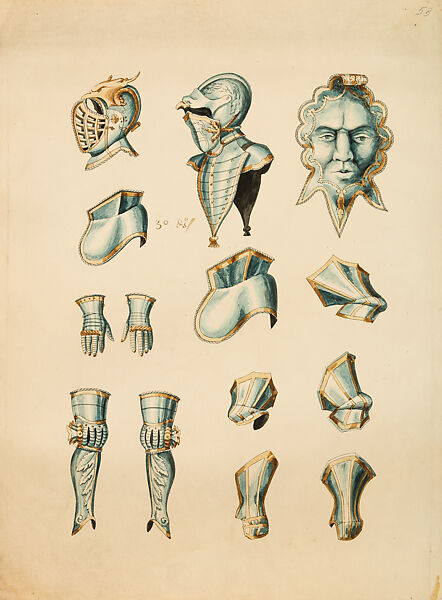 Copies After the "Inventario Illuminado", the Pictorial Inventory of Arms and Armor of Emperor Charles V., Pencil, black ink, watercolor, paper, possibly British