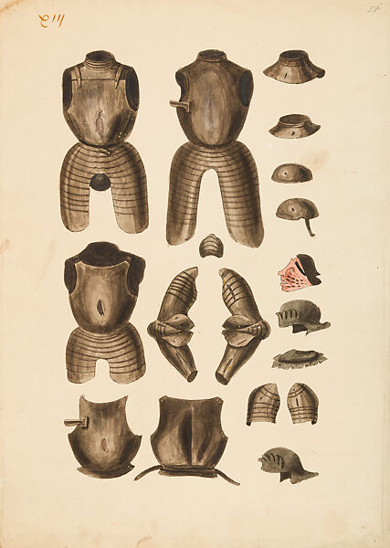 Copies After the "Inventario Illuminado", the Pictorial Inventory of Arms and Armor of Emperor Charles V., Pencil, black ink, watercolor, paper, possibly British