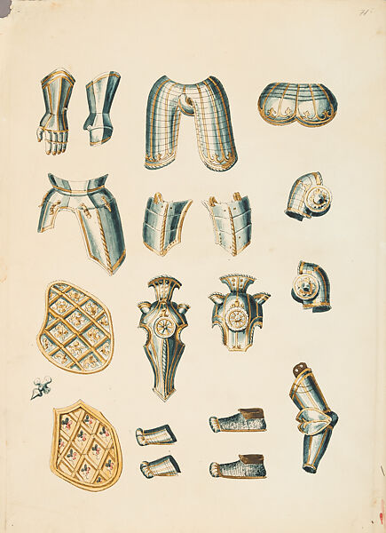 Copies After the "Inventario Illuminado", the Pictorial Inventory of Arms and Armor of Emperor Charles V., Pencil, black ink, watercolor, paper, possibly British
