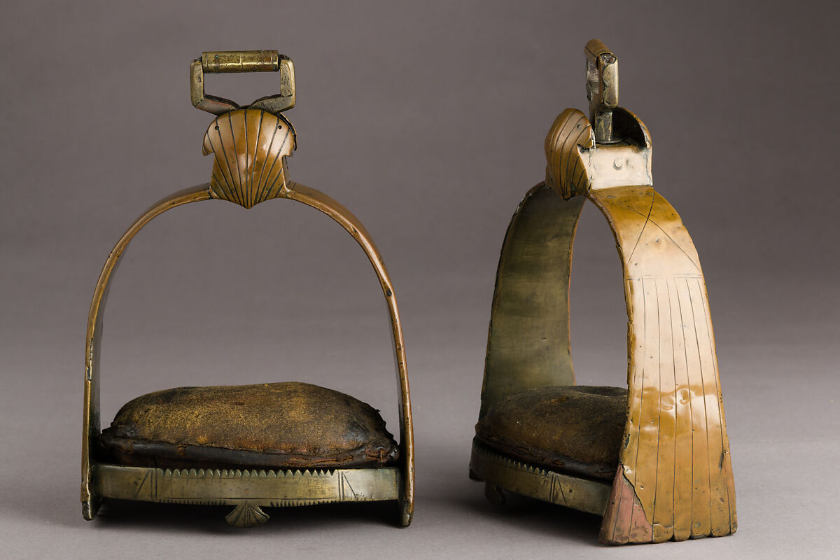 Pair of Stirrups, Iron, copper alloy, leather, German 