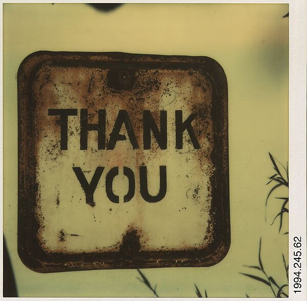 [Metal Sign: "THANK YOU"], Walker Evans (American, St. Louis, Missouri 1903–1975 New Haven, Connecticut), Instant internal dye diffusion transfer print (Polaroid SX-70) 