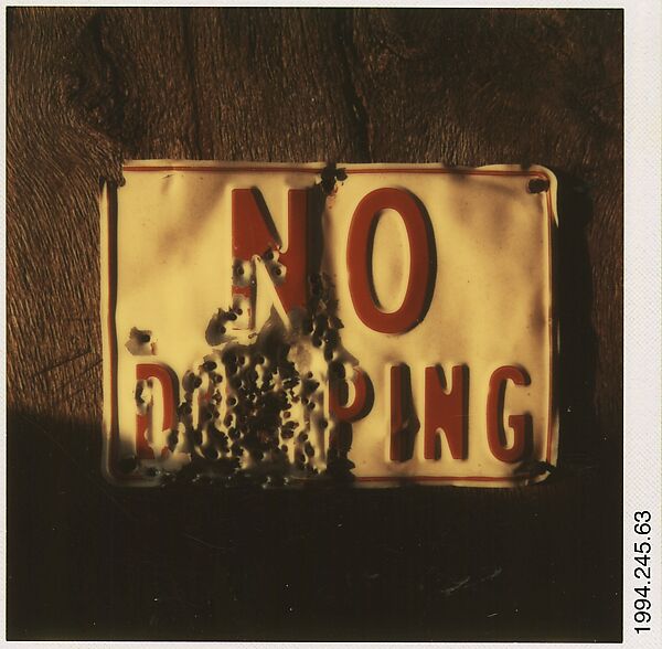 [No Dumping Sign Riddled with Bullet Holes], Walker Evans (American, St. Louis, Missouri 1903–1975 New Haven, Connecticut), Instant internal dye diffusion transfer print (Polaroid SX-70) 