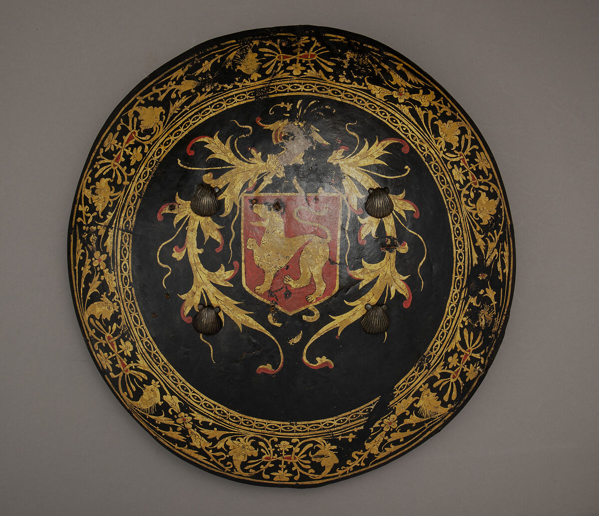 Shield, Wood, leather, lacquer, gold, pigment, gesso, copper alloy, iron, probably Indian; lacquerwork, Southeast Asian, Thailand or Burma (Myanmar) 