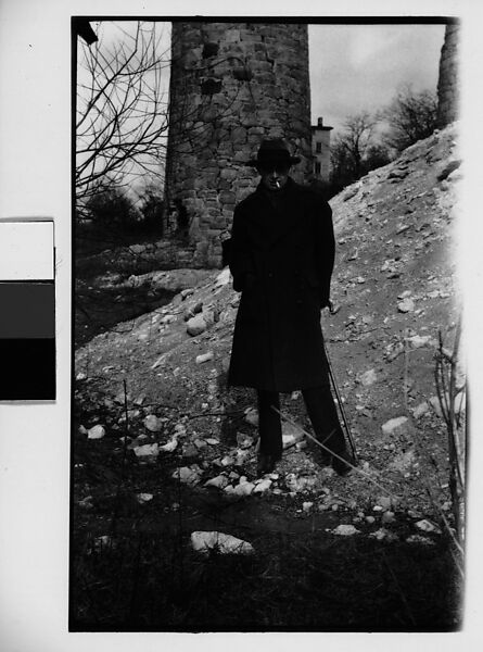 [Hanns Skolle in Overcoat and Hat Before Stone Tower], Walker Evans (American, St. Louis, Missouri 1903–1975 New Haven, Connecticut), Film negative 