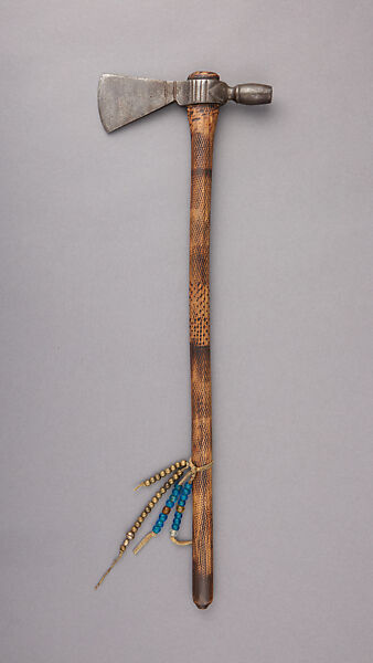 Pipe Tomahawk, Iron, wood, brass, glass, leather, Native American, Plains